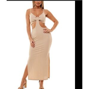 🎁NWT Almost Famous beige bodycon open dress #DF568EC57- Small S=3/4-5/6